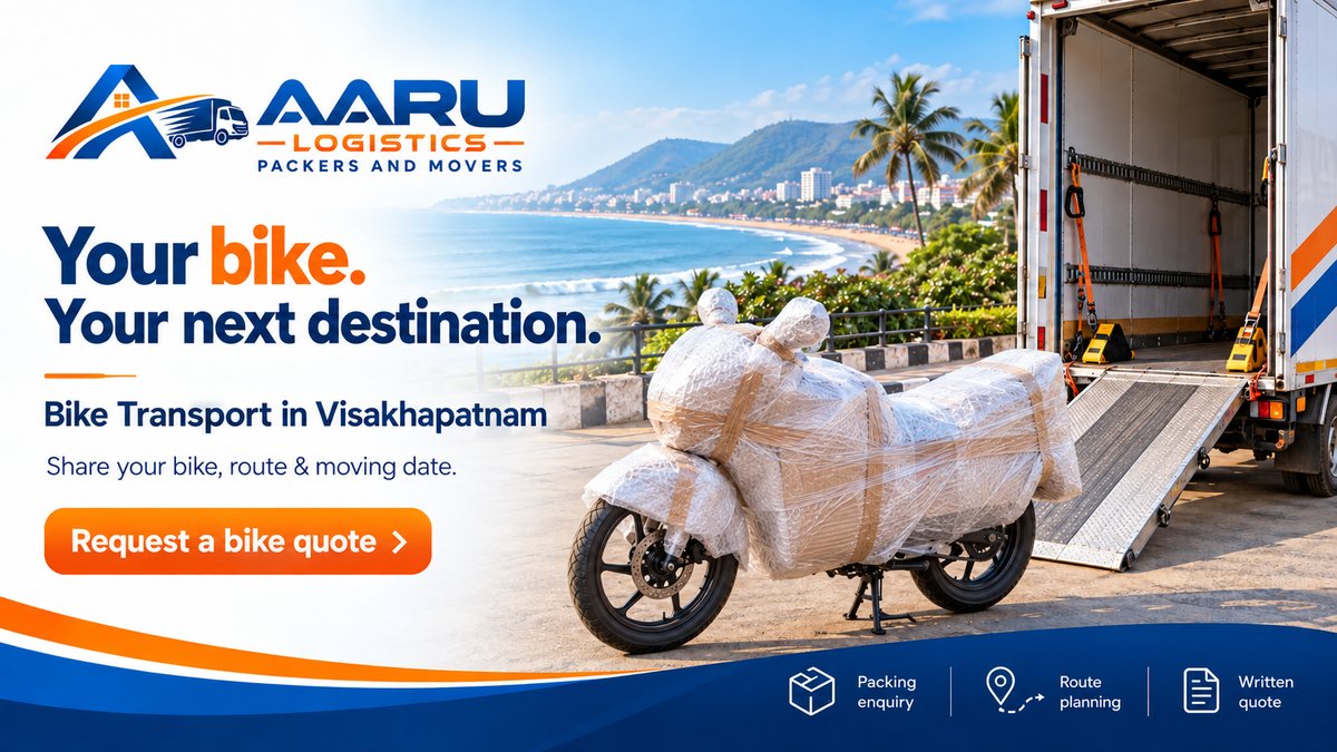 Two-wheeler wrapped in packing material and loaded in a container for bike transport by Aaru Logistics, Visakhapatnam